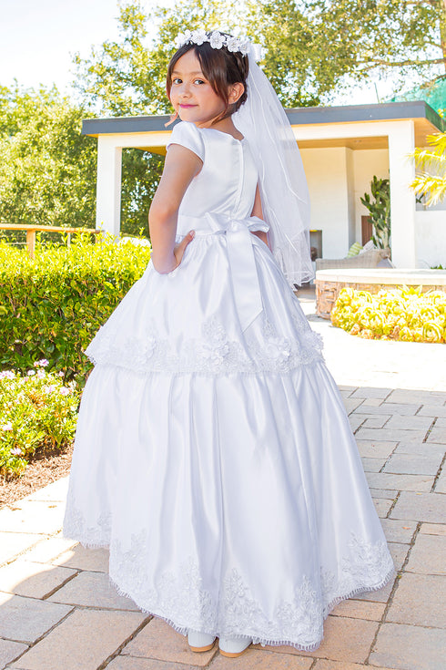 Girls White Illusion Top Satin Cap Sleeve Communion Dress 6-16